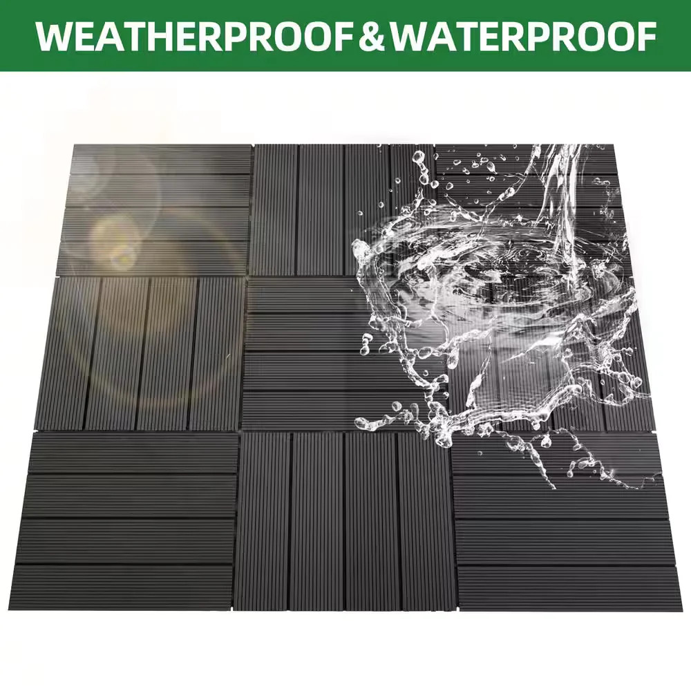 11.8in x 11.8in Black WPC Composite Interlocking Deck Tiles Balcony 9-Pack