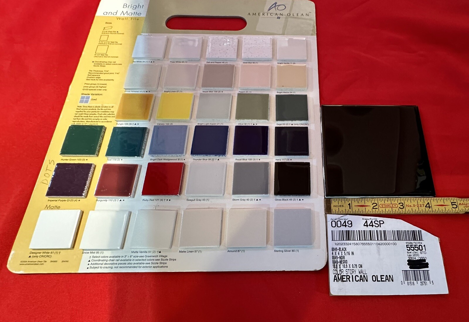 9 pcs. *Glossy Black* 4-1/4″ Ceramic Tiles by American Olean, New Stock, Mirror