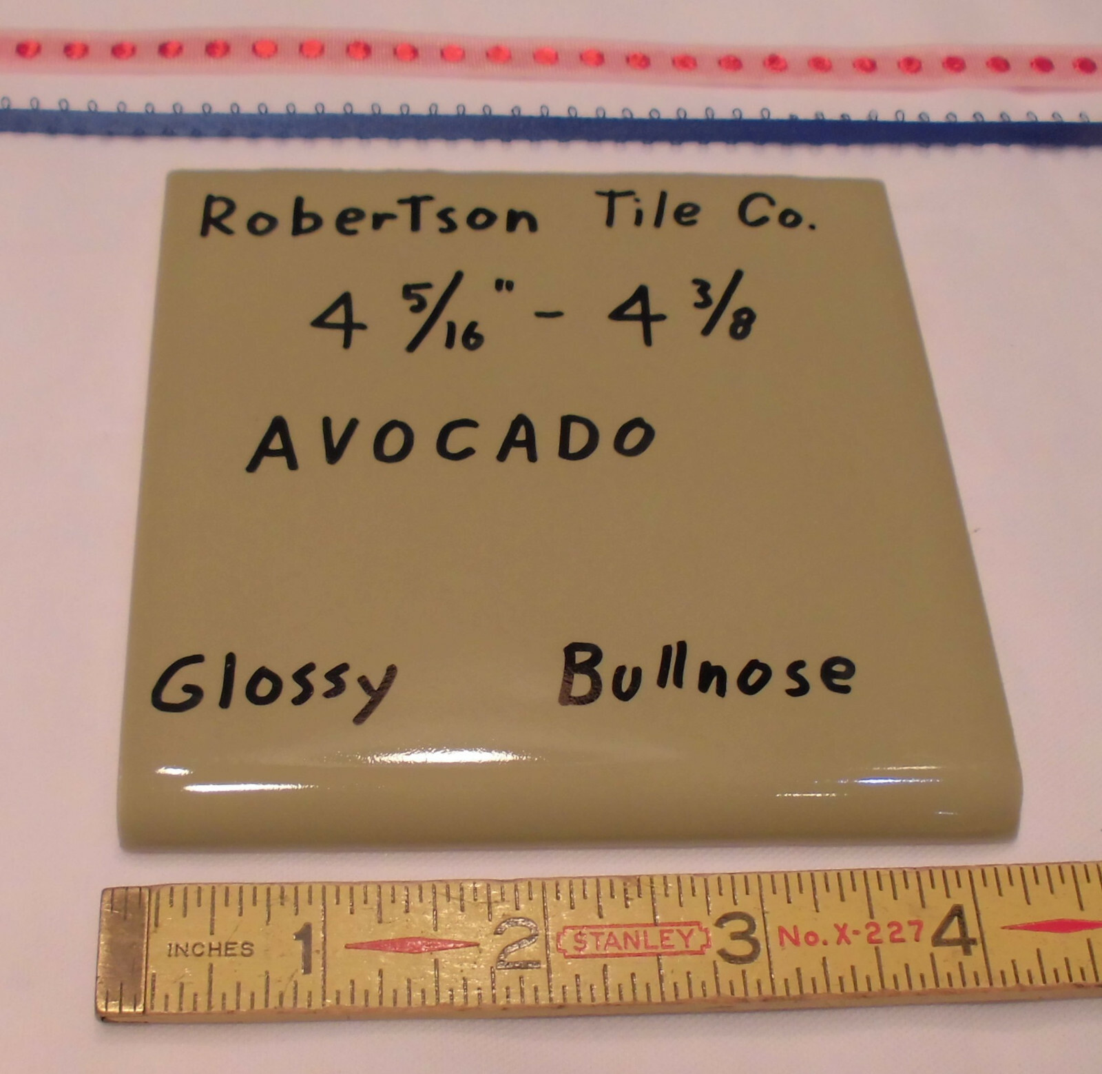 1 pc. *Avocado – Green* Vintage Glossy Ceramic Bullnose Tile 4-5/16” Robertson