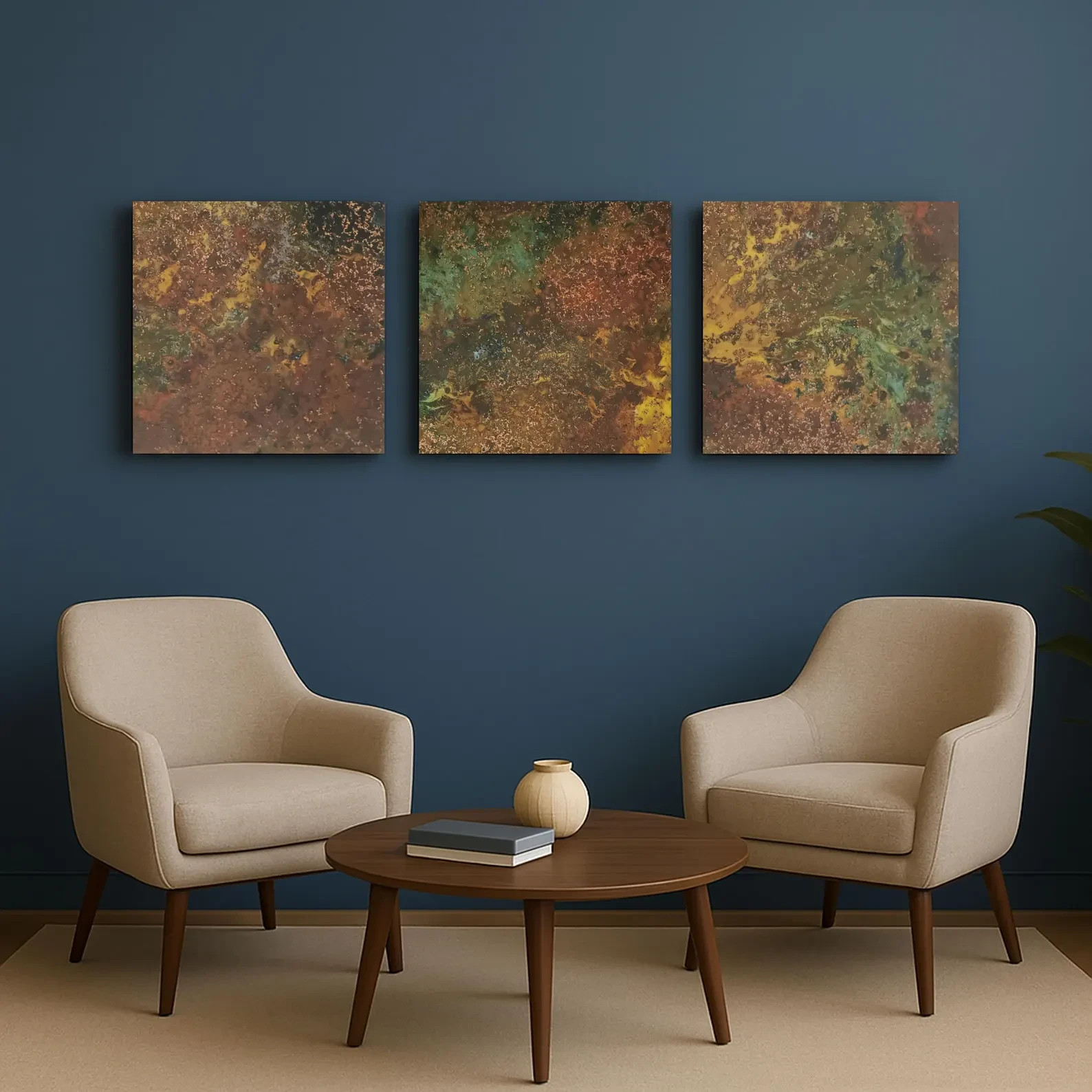 Real Copper Wall Art – 3 Panel Metal Artwork – Handcrafted Patina Decor
