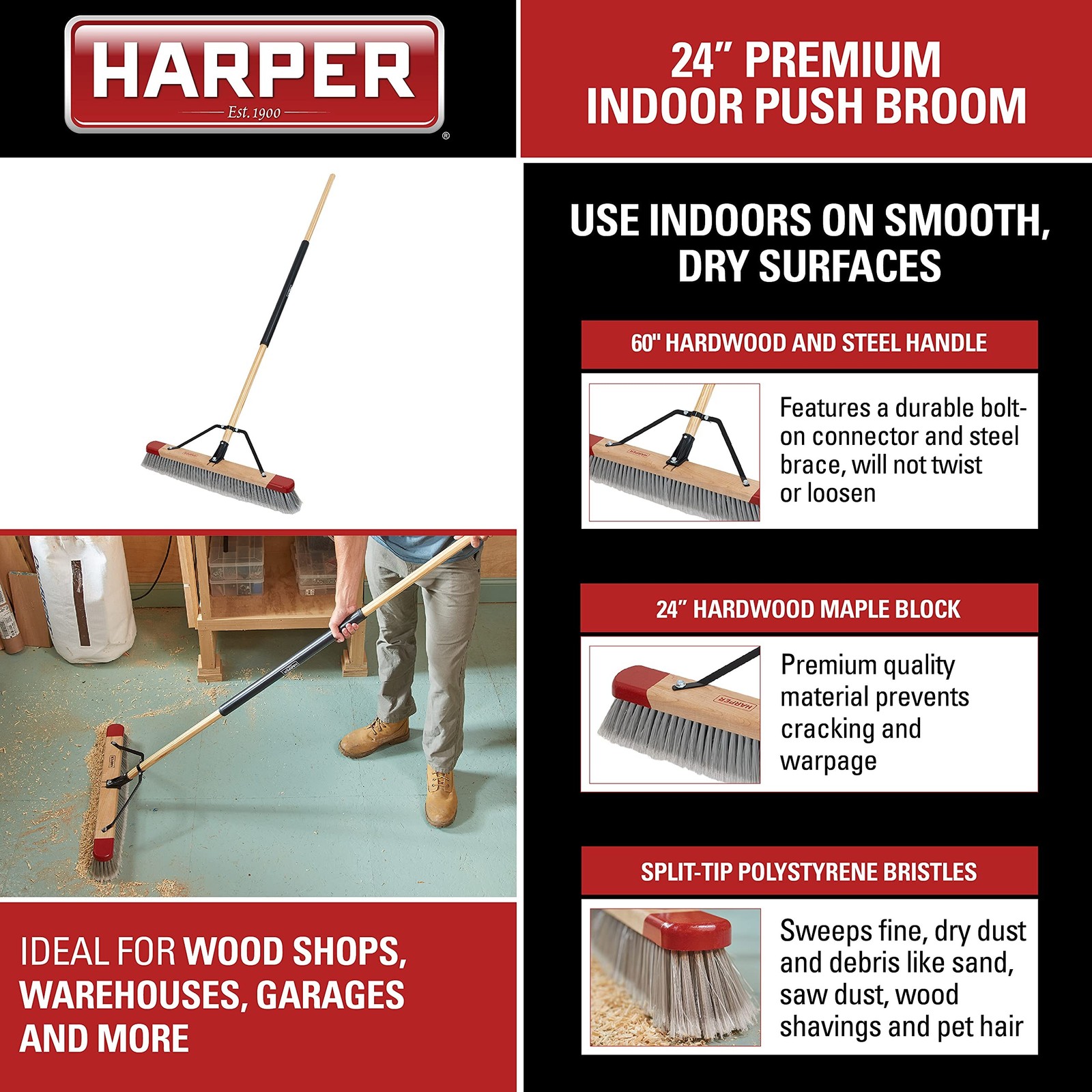 Harper 24 Inch Indoor Push Broom, Premium Heavy Duty Smooth-Surface Floor Cle…