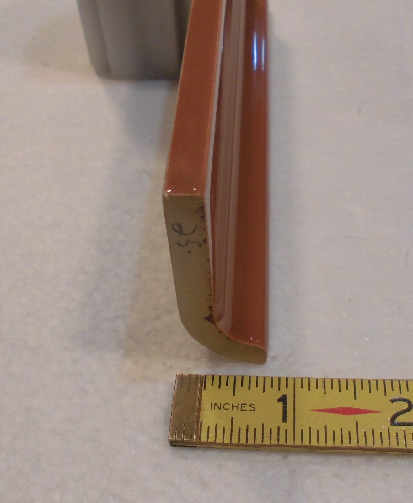 1 pc. Medium Brown: 2” X 6-1/8” Glossy Ceramic Cove Base Tile, Flat Top, NOS