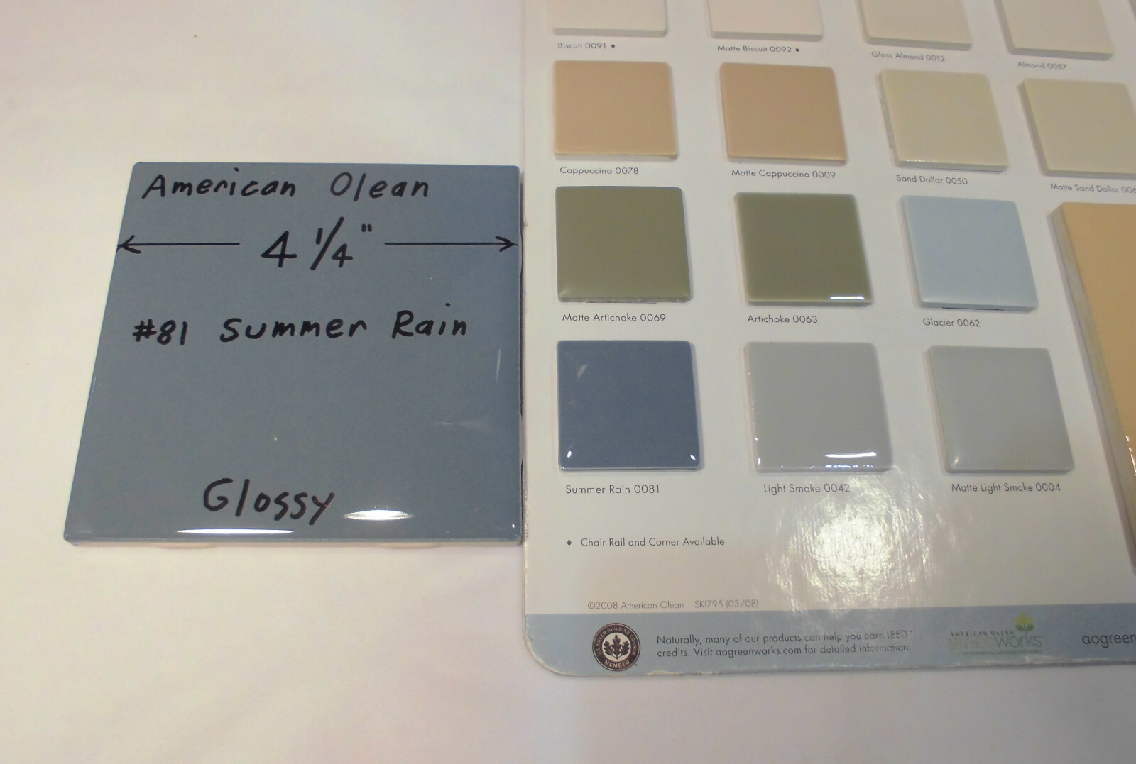 1 pc. Glossy Ceramic Tiles *Blue-Gray * by American Olean 4-1/4″ *Summer Rain*