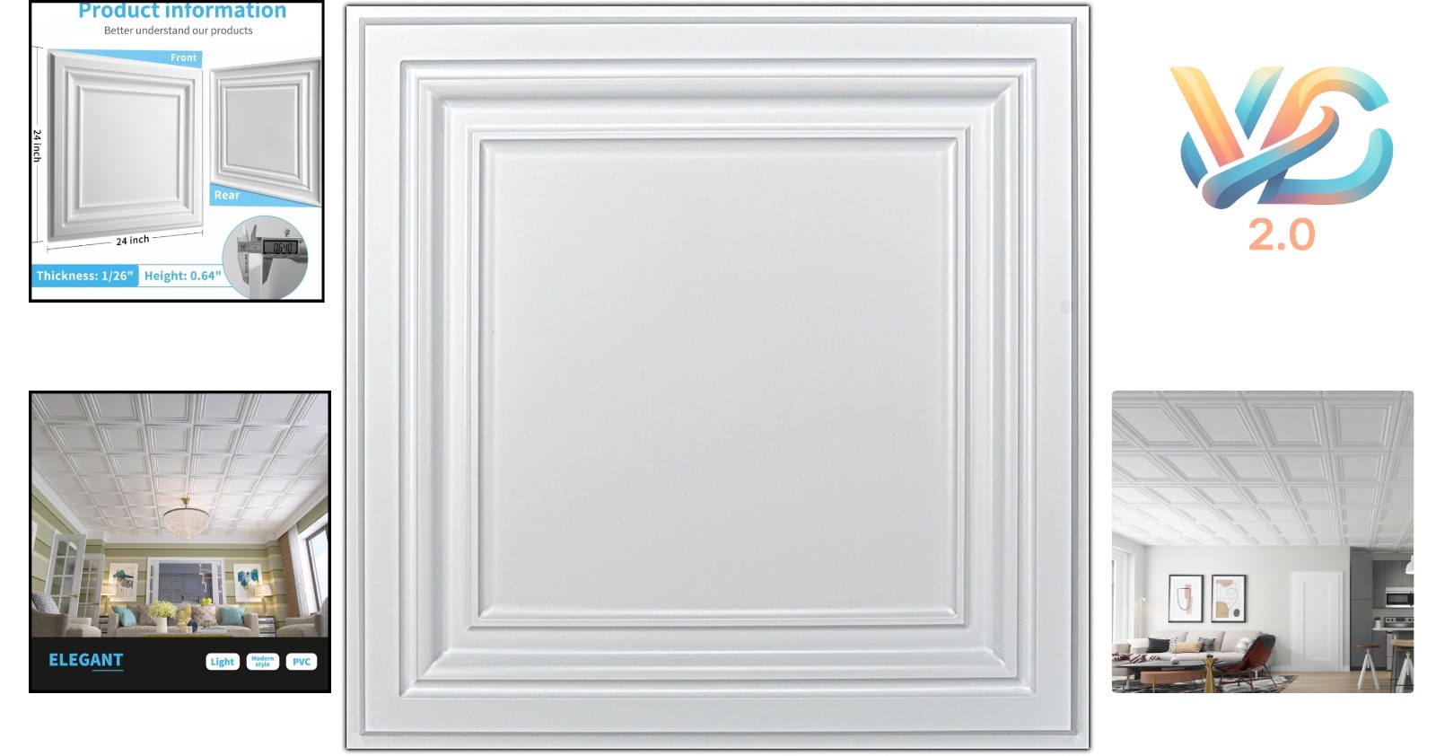 PVC Ceiling Tiles 2×2 White 24-Pack Water Resistant Drop Ceiling Decor