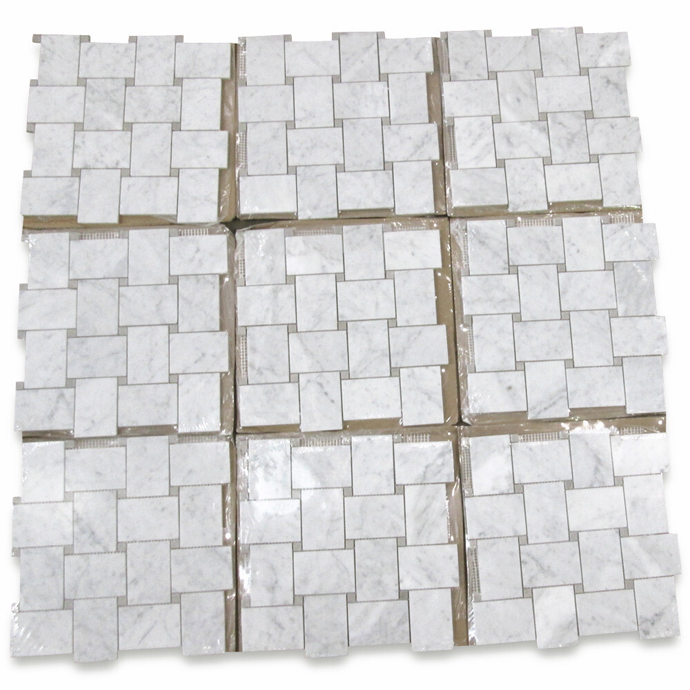 C663XP Wide Basketweave Mosaic White Carrara Marble Tile Gray Dots Polished
