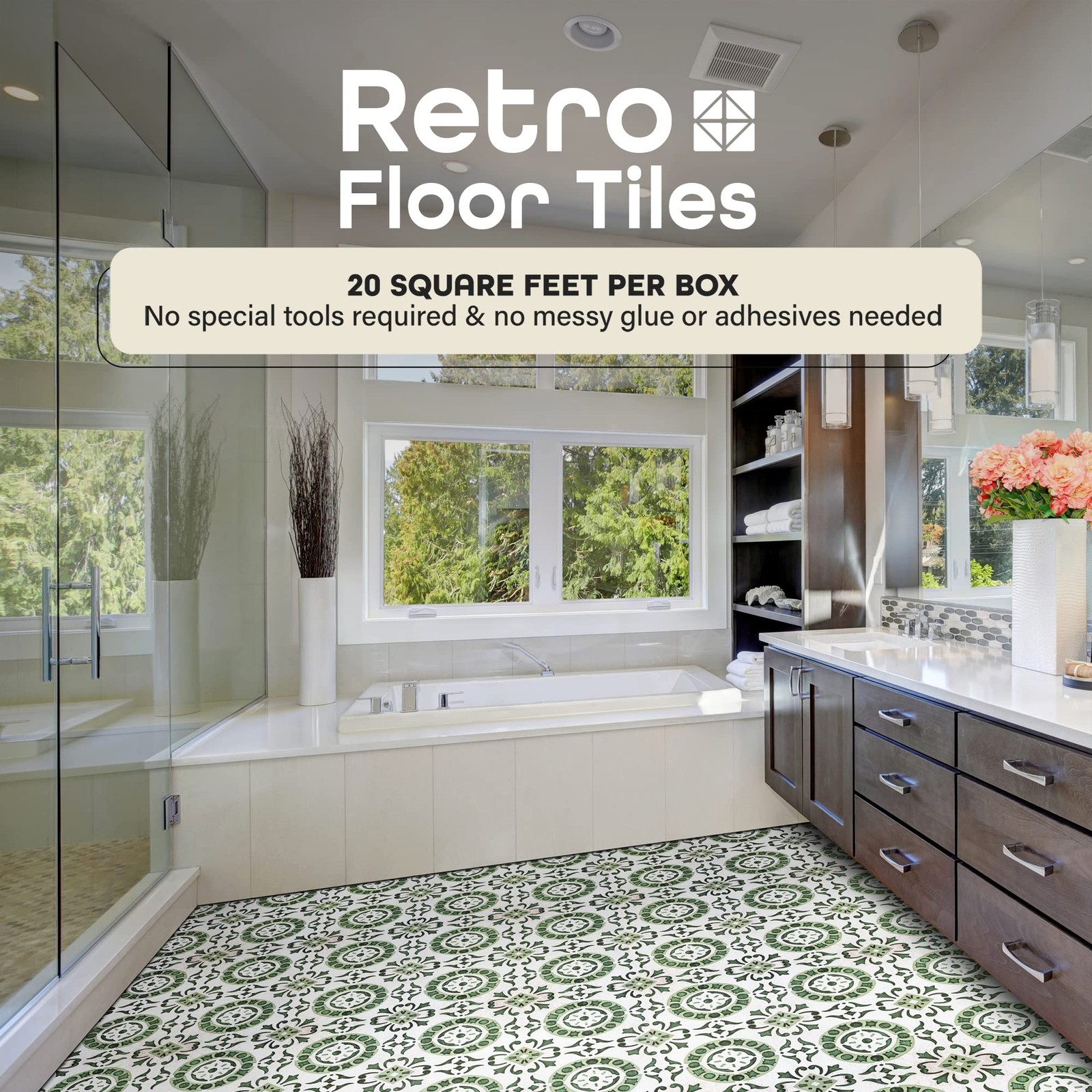Retro Self Adhesive 12-Inch Vinyl Floor Tiles, 20 Tiles – 12″ x 12″, Green Me…