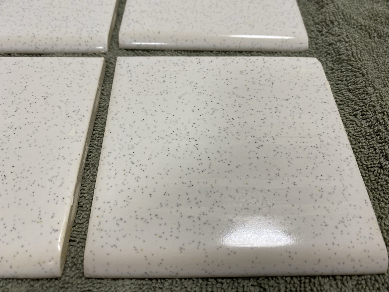 8 – Vintage (1950-60s) White Speckled Ceramic Tile – Bullnose (4.25×4.25)