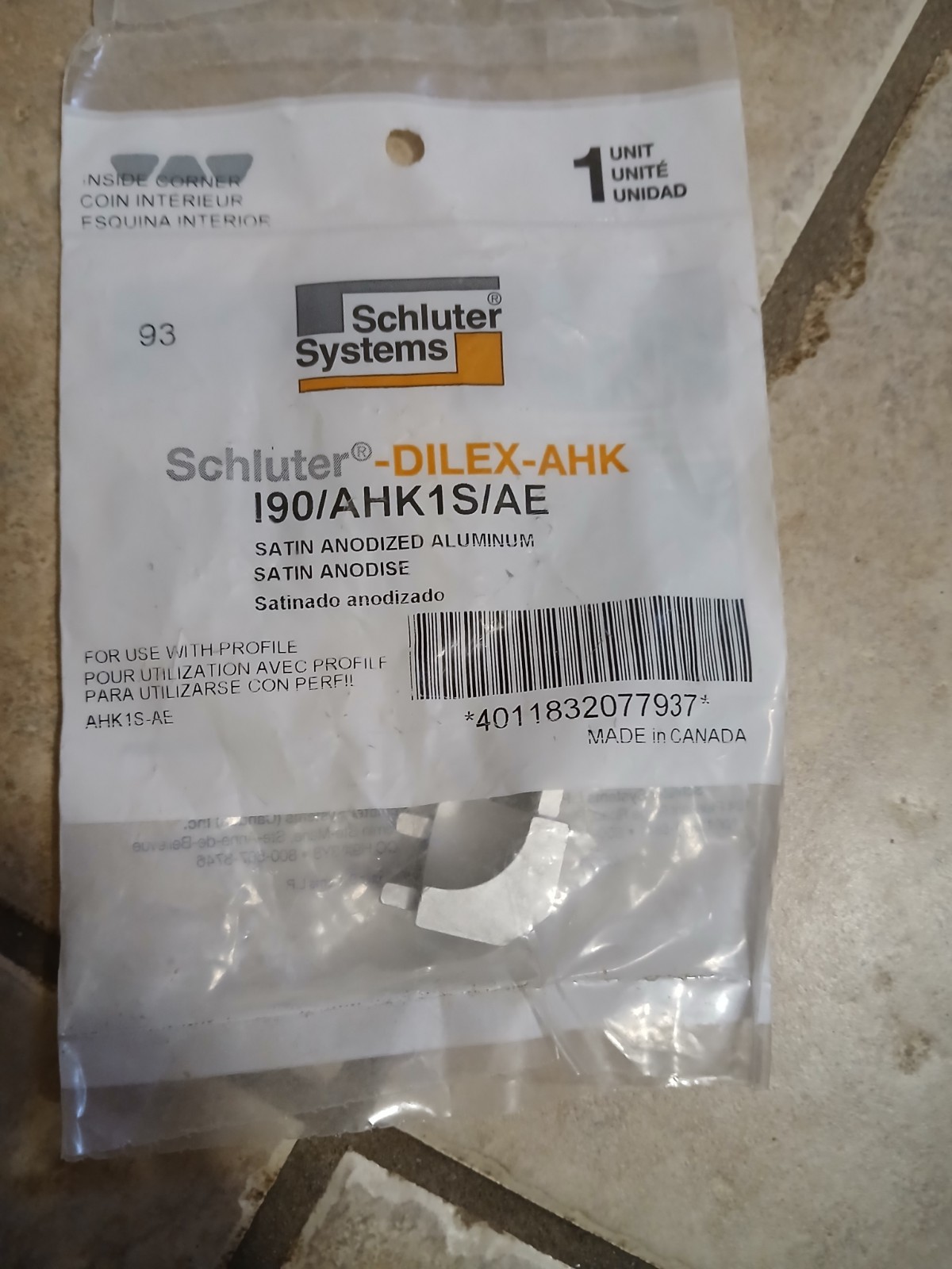 Schluter I90/AHK1S/AE Dilex-AHK Satin Inside Corner Anodized Aluminum( 7 pieces)