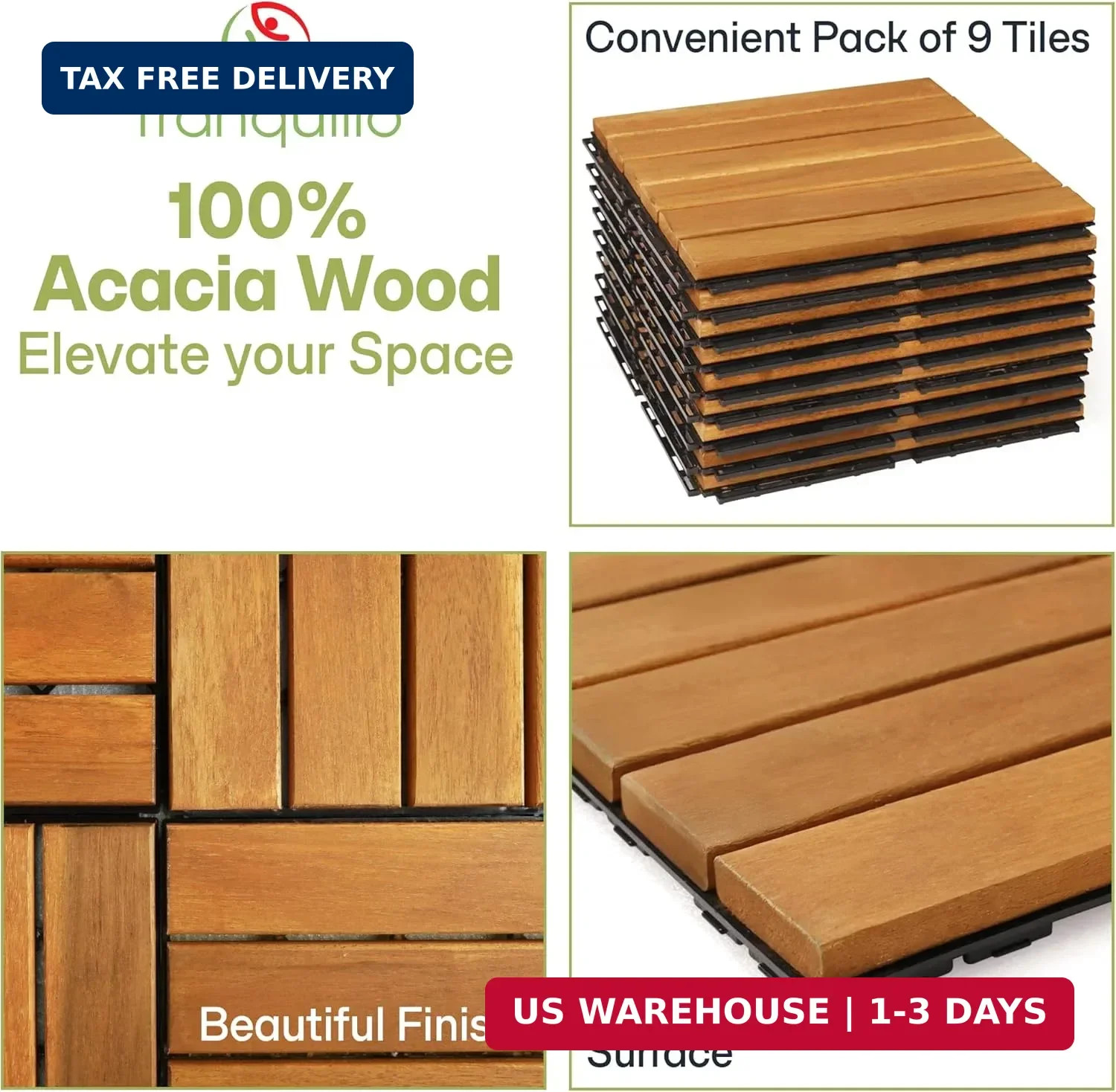 Tranquillo Interlocking Deck Tiles 12″x12″, Acacia Wood Patio Tiles, Waterproof