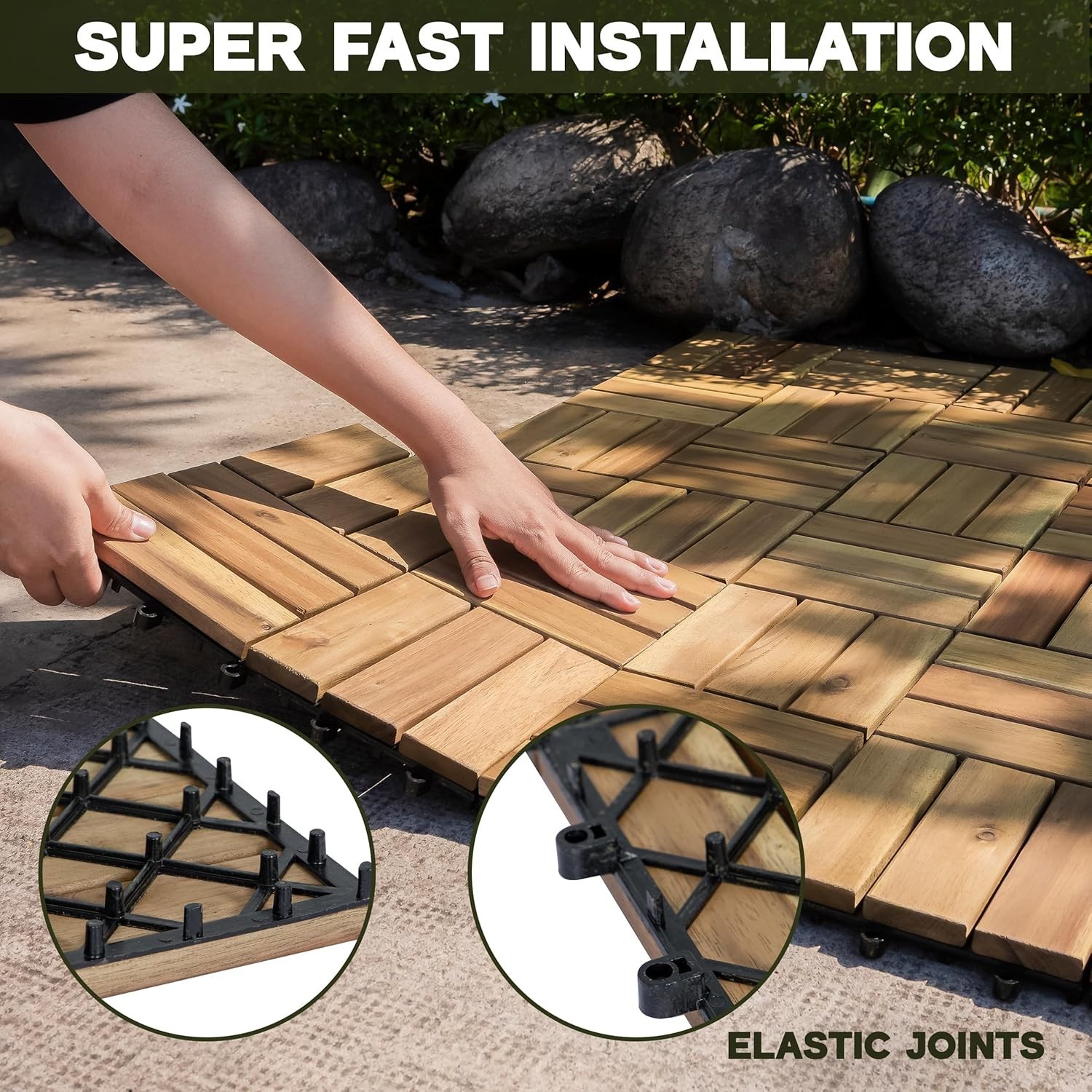 Acacia Wood Decking Tiles 9PCS Easy Snap Interlocking Deck Tiles for Patio