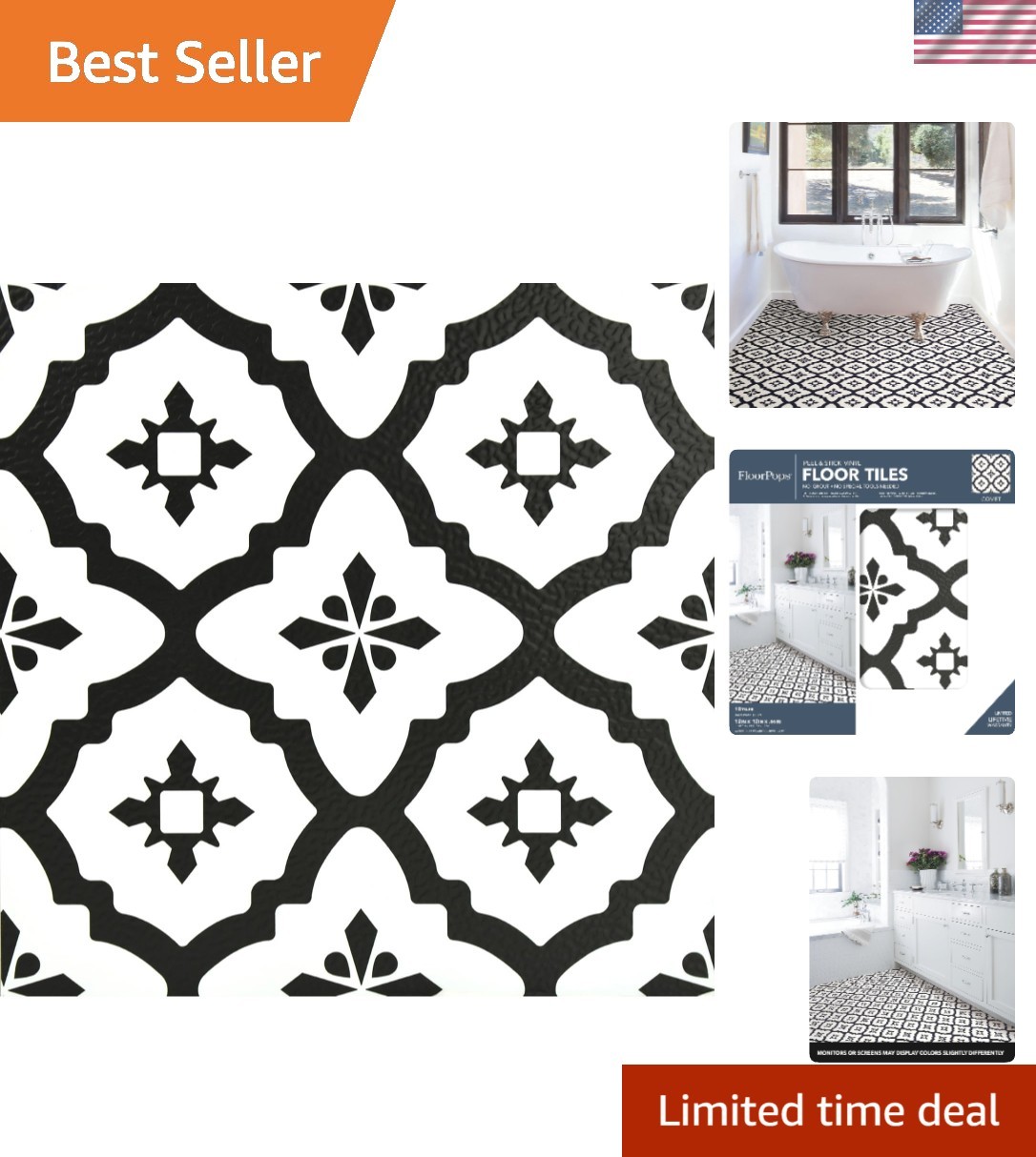 Comet Peel & Stick Vinyl Tiles, Black Geometric 12×12, Water-Resistant Pack o…