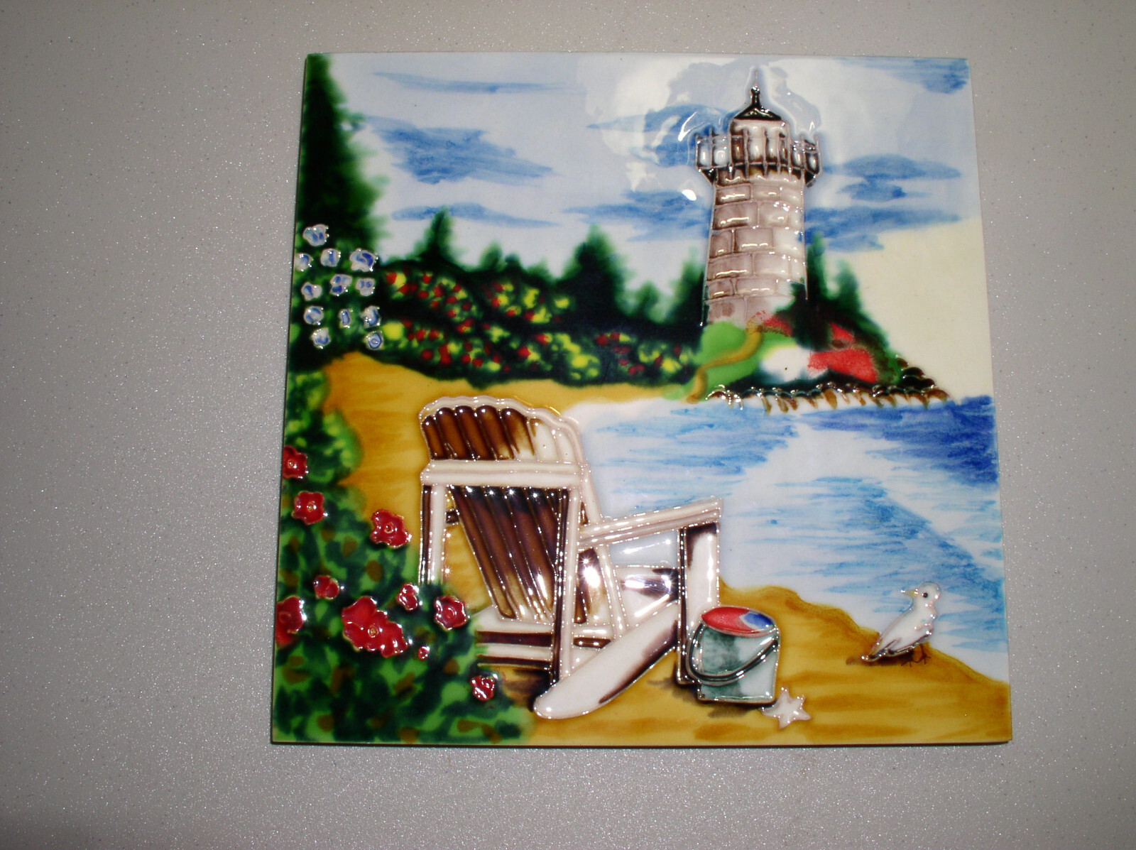 Envogue Lighthouse Beach Scene Decorative Ceramic Art Tile 8″ X 8″ NEW IN BOX