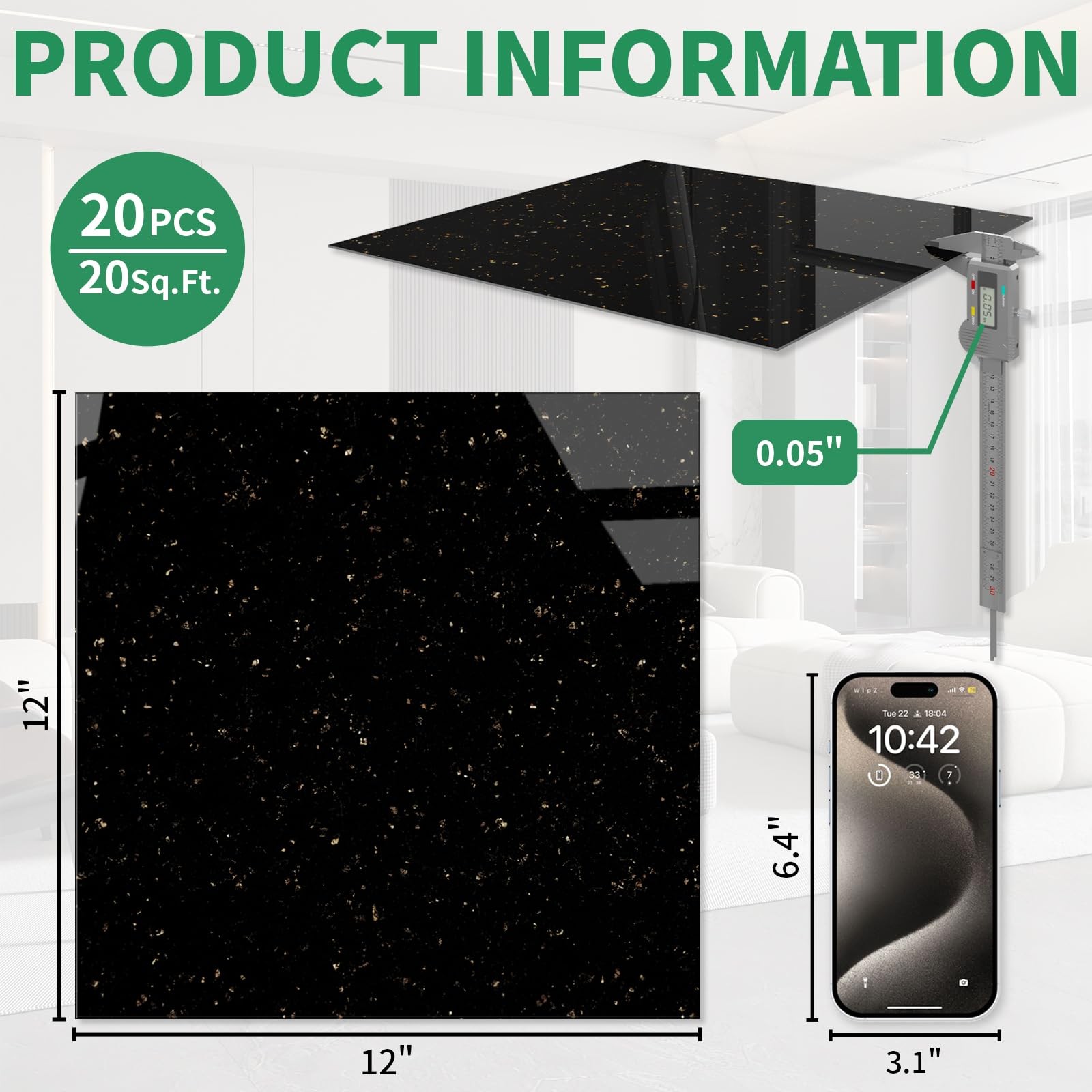 20-Pack 20 Sq.Ft Peel and Stick Floor 12×12 Inch, Polish Black Galaxy Marble