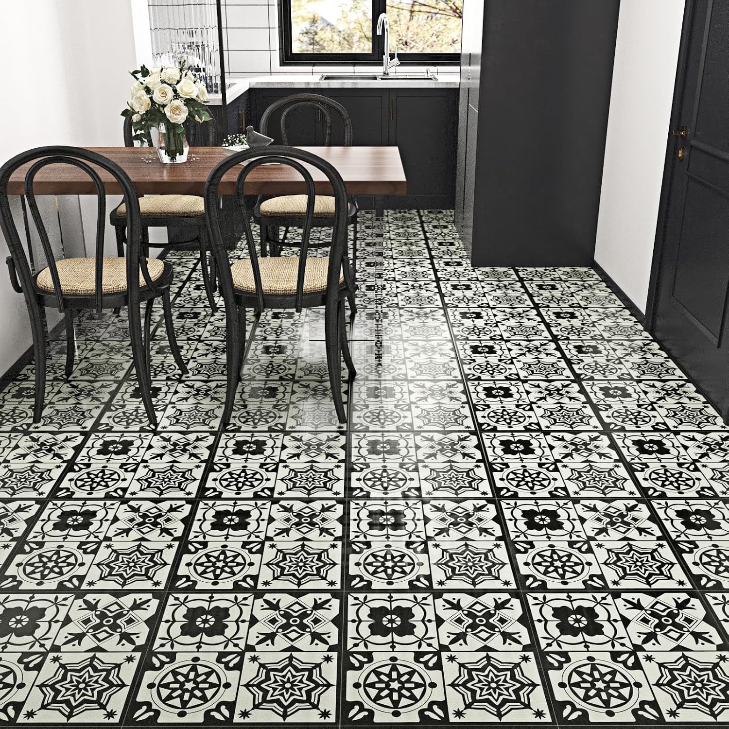12″x12″ Black Boho Peel and Stick Floor Tile Waterproof Vintage Gothic Vinyl