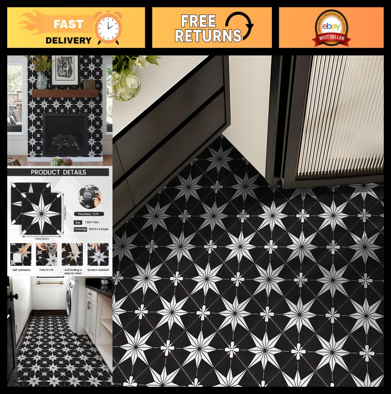 10Pcs 8″x8″ Black Peel and Stick Tiles – Easy DIY Removable Floor & Wall Decor