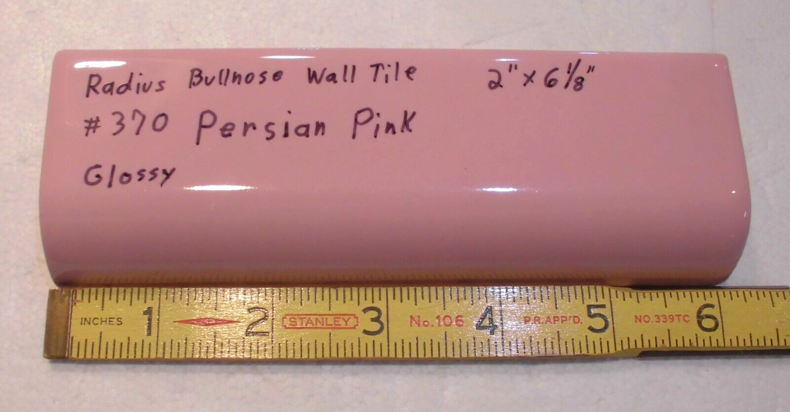 1pc. Persian Pink: Glossy Ceramic Radius Bullnose Tile 2″ X 6-1/8″ New Old Stock