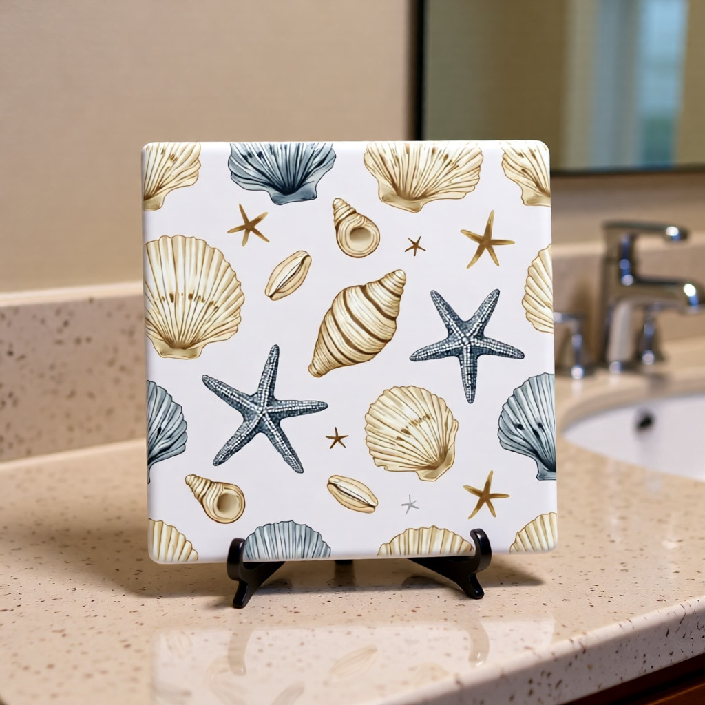 Coastal Ceramic Tile 3 sizes Blue Brown Seashells Printed in US