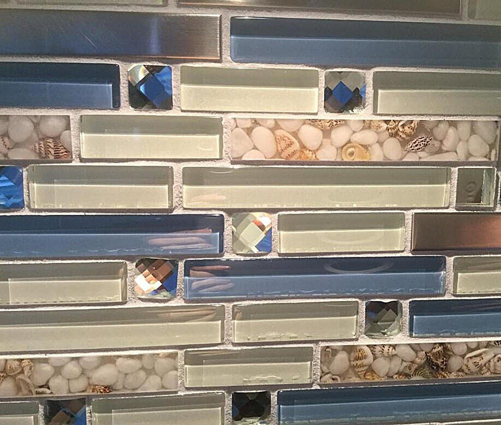 Beach Style Seashell Mosaic Tile Blue Cream White Backsplash 5 Sheets