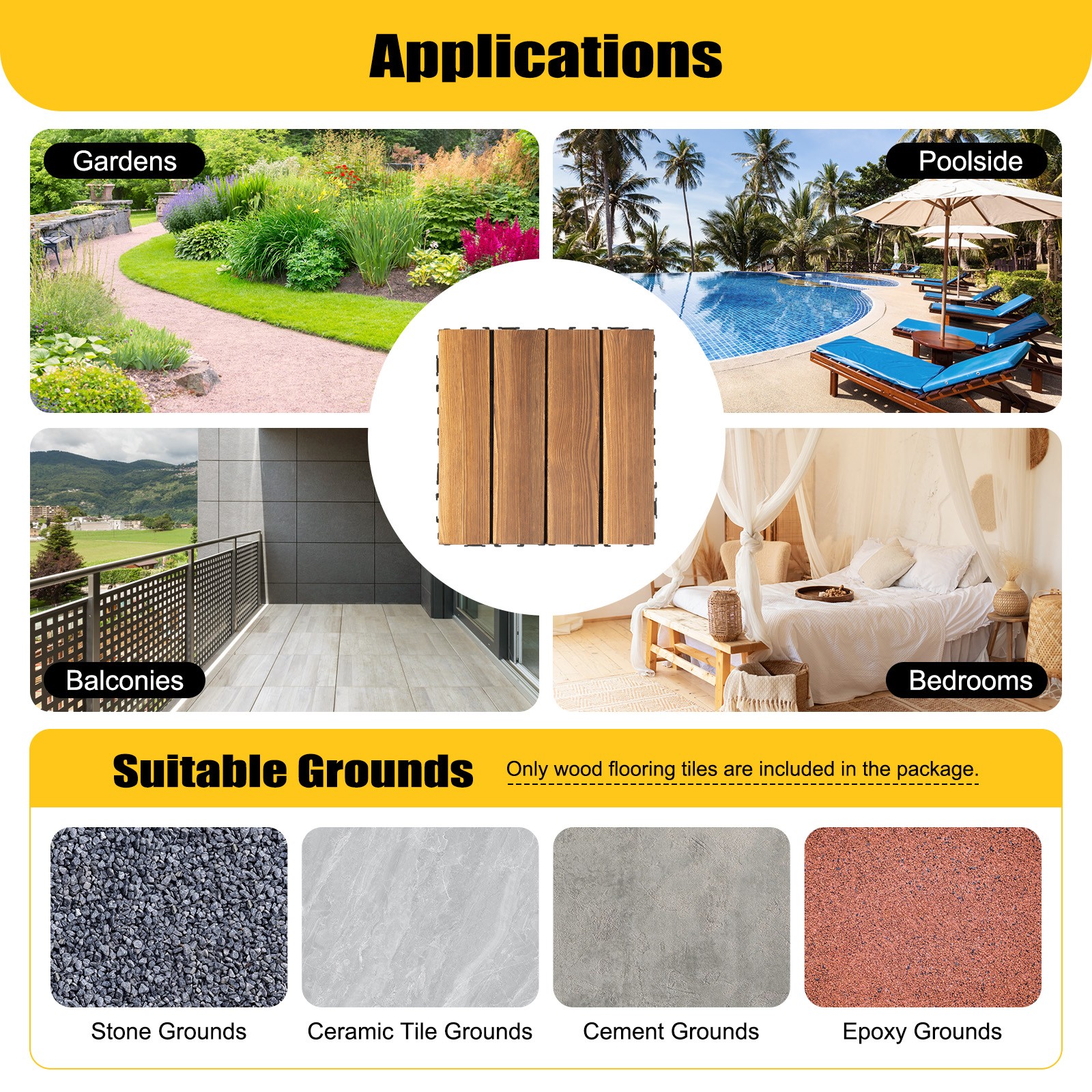 36Pcs Hardwood Interlocking Patio Deck Tiles Wood Flooring DIY Outdoor 12”x12”