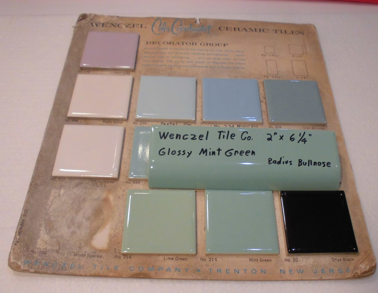 1 pc. Mint Green: Glossy Ceramic Radius Bullnose Tile: Wenczel Co. 2″ X 6-1/4″