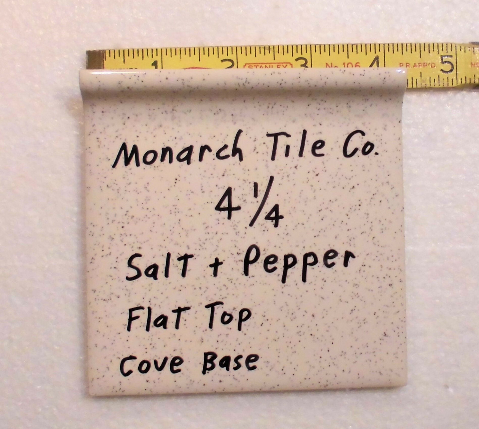 1 pc. Cove-Base Ceramic Tile *Salt & Pepper* 4-1/4″ Monarch Co. Flat top, Glossy