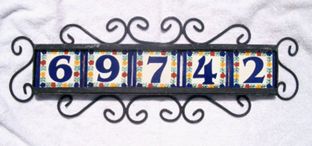 5 Mexican Tiles Talavera House Numbers & Horizontal Iron Frame