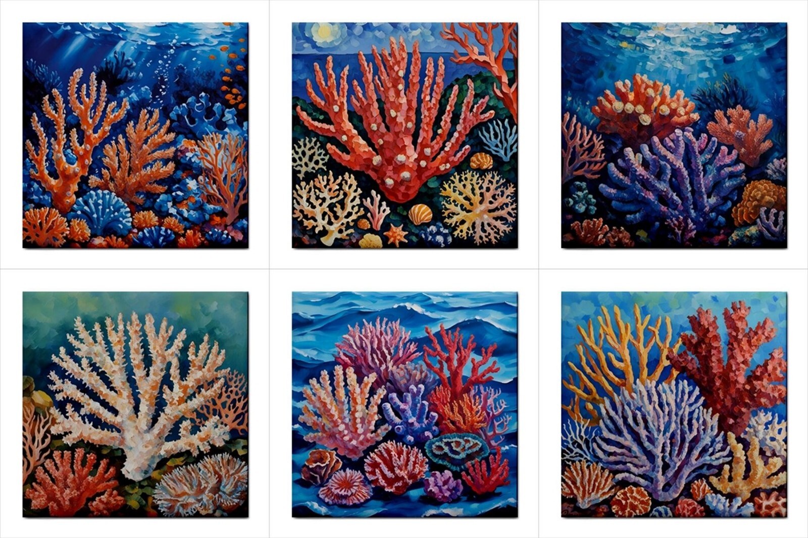 Coral Reef Ceramic Tile Set of 6 Ocean Sea Art Backsplash Tiles 4.25 Inches