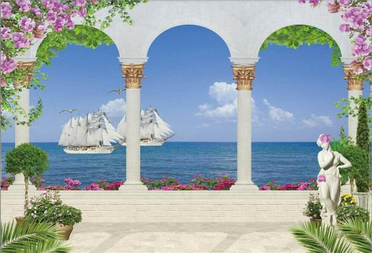 sail ships Mediterranean terrace courtyard garden ceramic tile mural backsplash