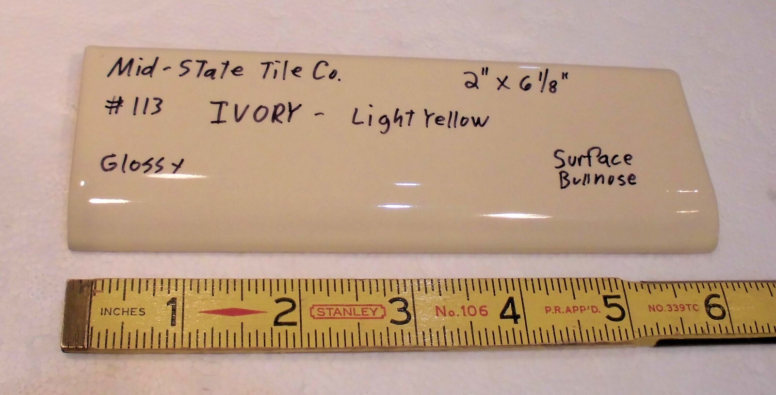 1 pc. Glossy *Ivory* 2” X 6” Bullnose Surface Flat Ceramic Tile, Light Yellow