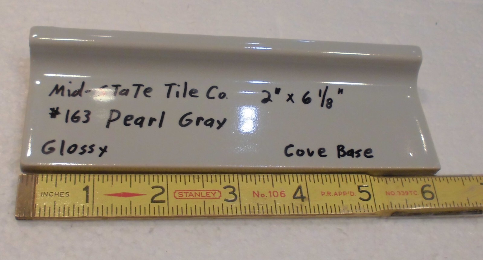 1 pc. Pearl Gray: 2” X 6-1/8” Glossy Ceramic Cove Base Tile, Flat Top, NOS