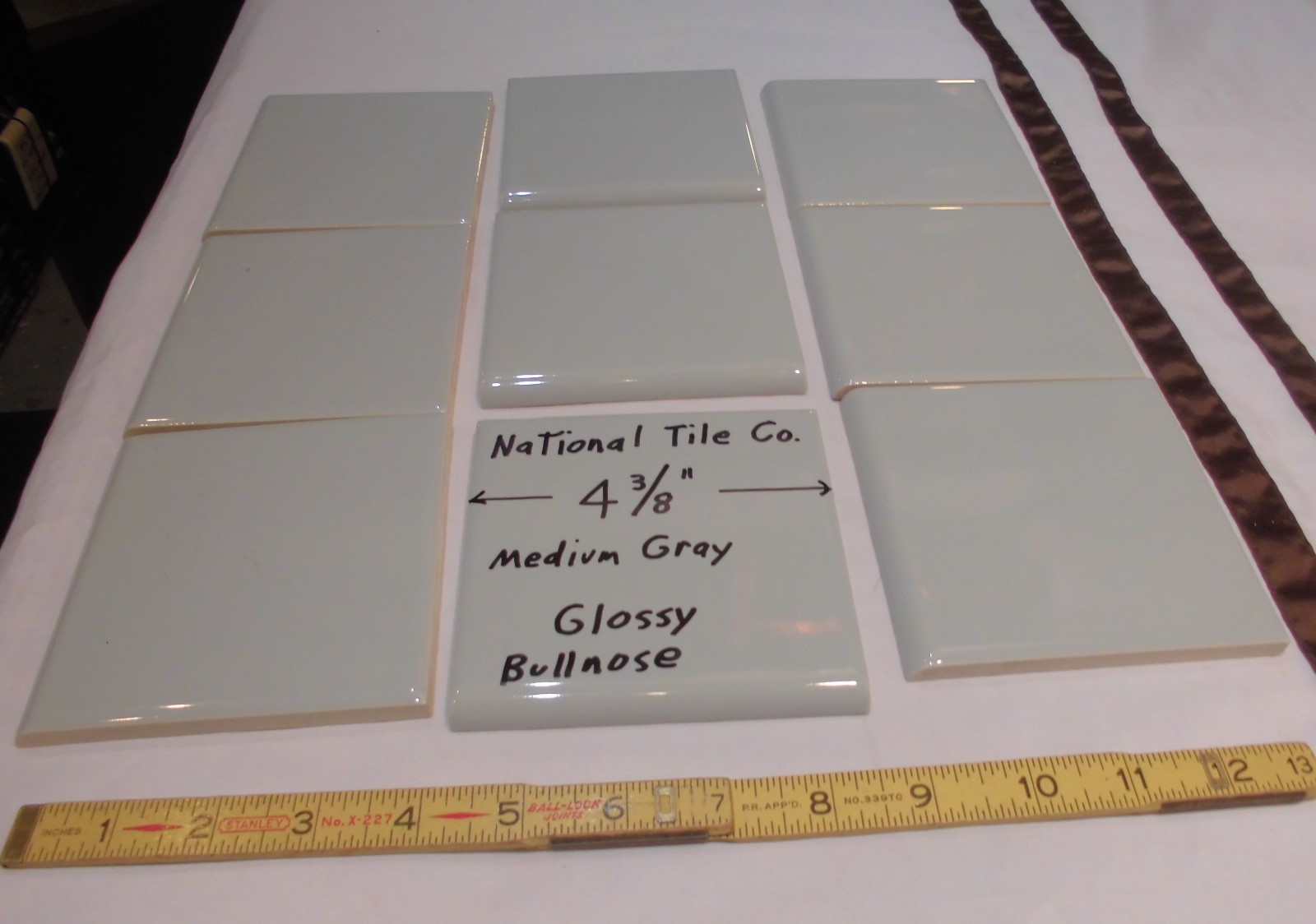 9 pcs. Vintage *Medium Gray* 4-3/8″ Glossy Ceramic Bullnose by National Tile Co.