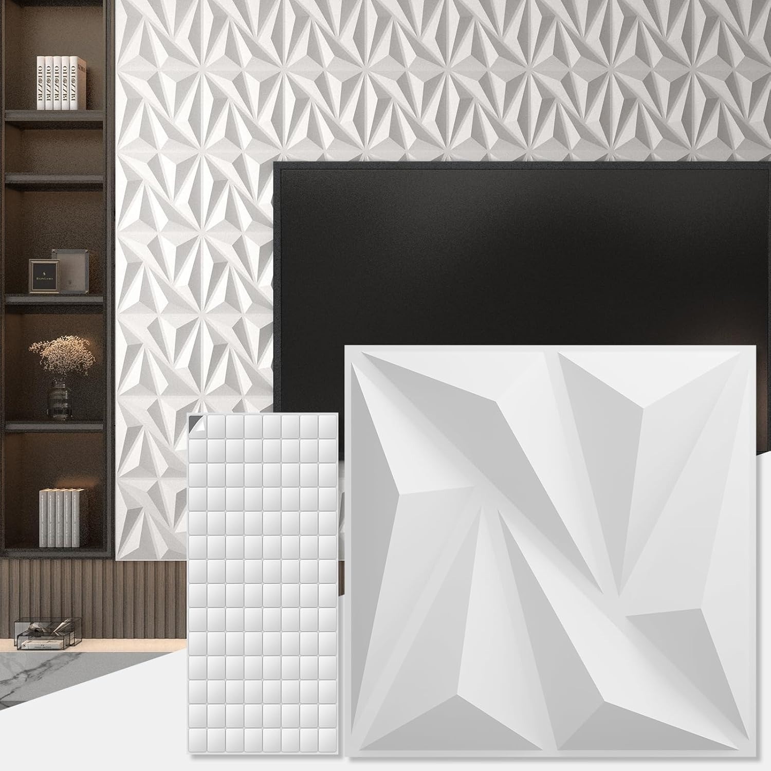 3D Wall Panel Diamond Textured Interior Accent Panels Peel Stick 12×12 White 50x