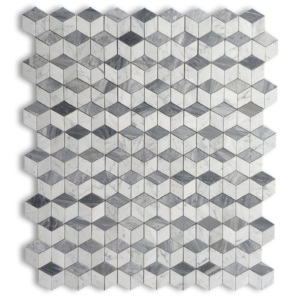 C34K7XH Carrara White Gray Marble 3D Cube Illusion Rhombus Geometry Tile Honed