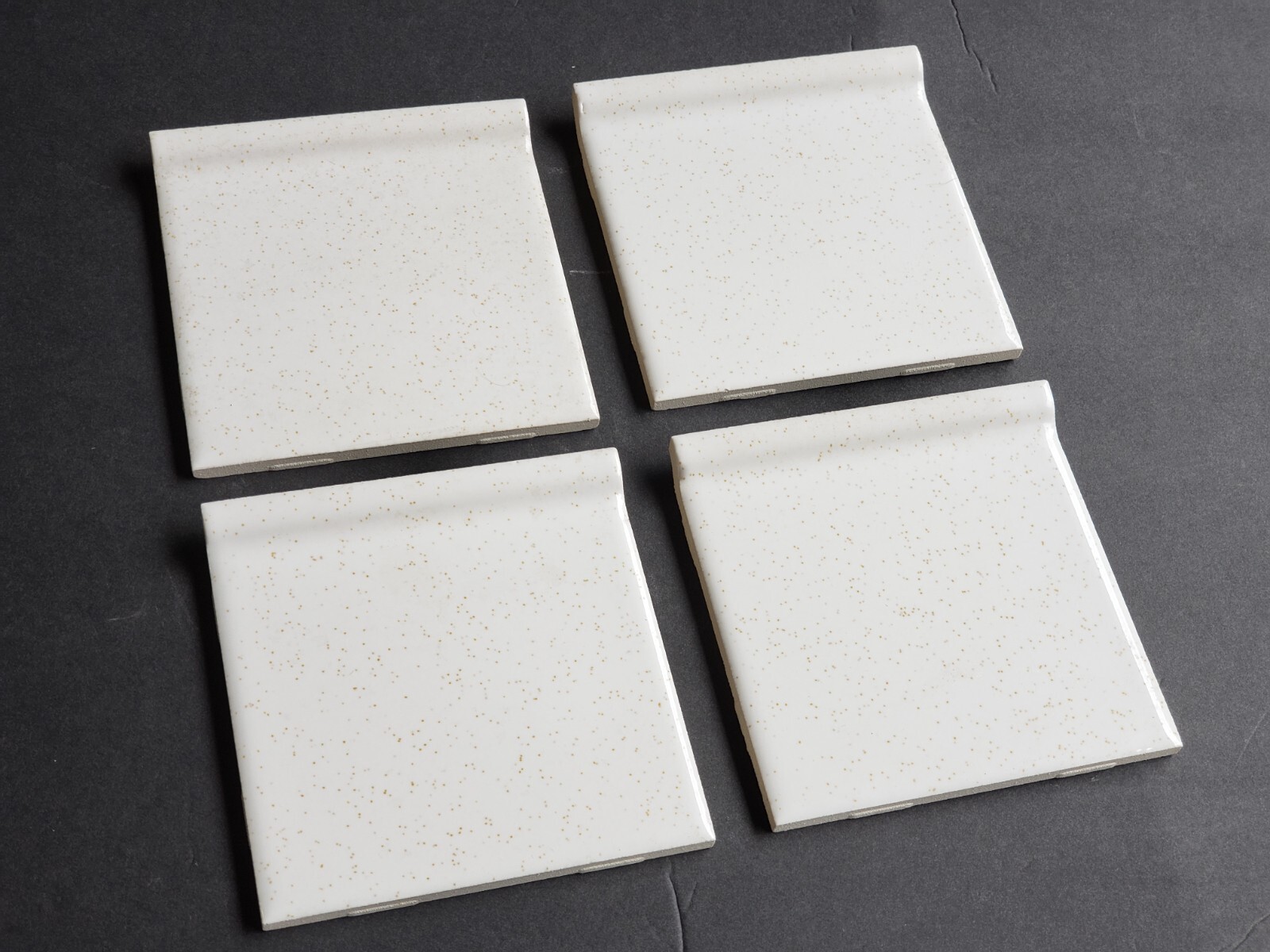 Vtg. Lot of 4 1970s Romany Ceramic Cove Edge Tiles – 4 1/4″ White w/Gold Flake