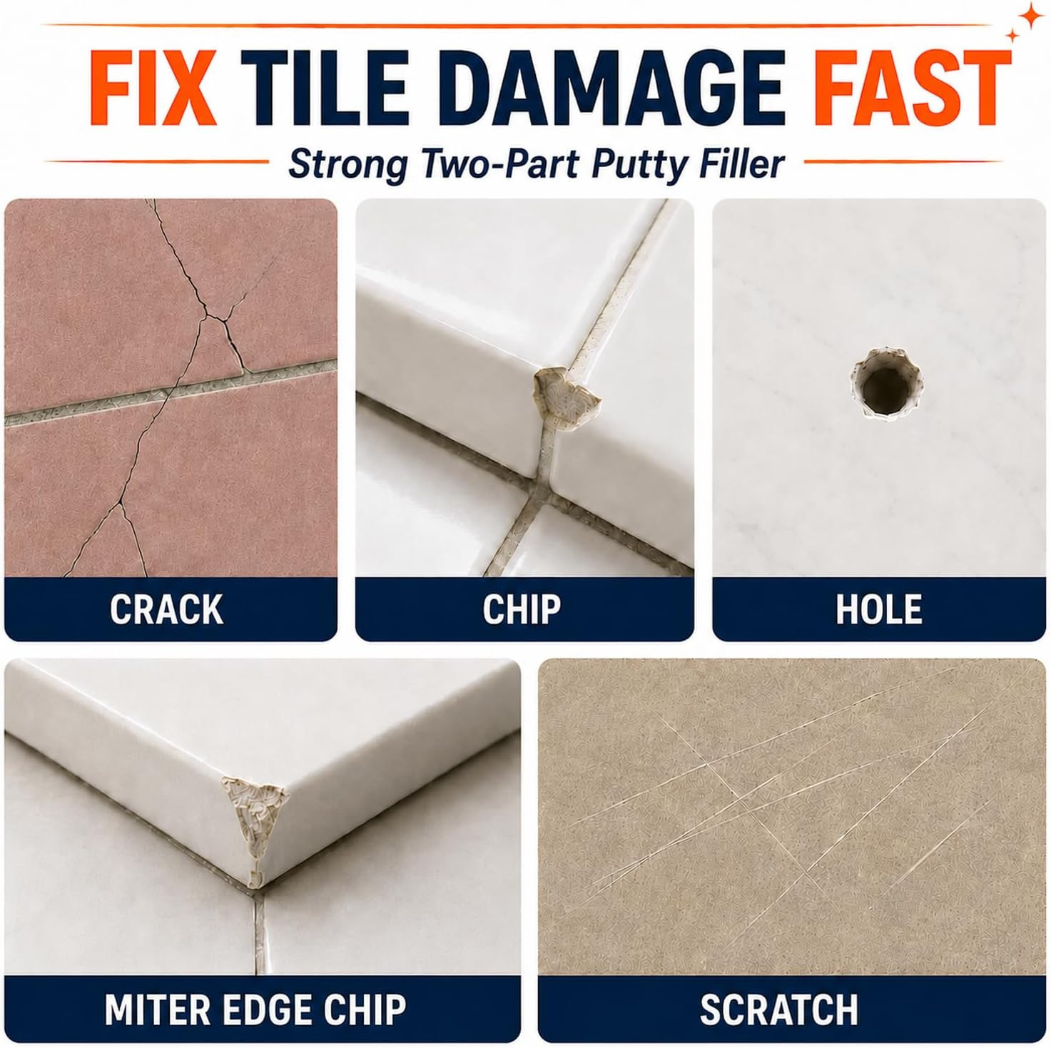 Tile Repair (Color Match), Ceramic & Porcelain Epoxy Putty for Floor | for Chip