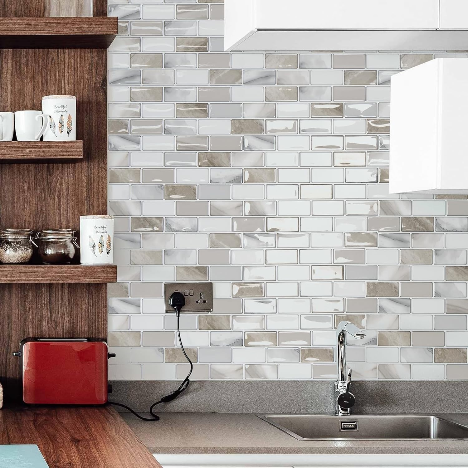 Beige & White 10-Sheet Peel & Stick Backsplash Tile, Modern, Waterproof