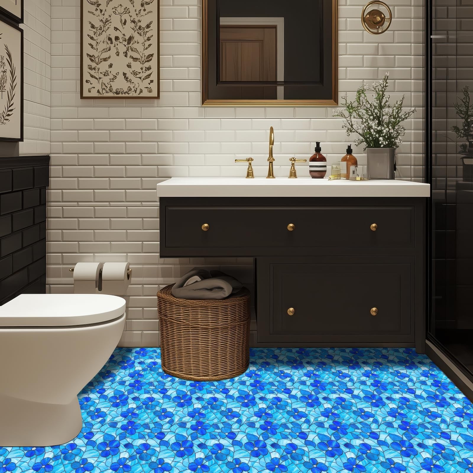 10PCS 12×12 Inch Blue Floral Textured Flat Surface Floor Tiles Peel and Stick Re
