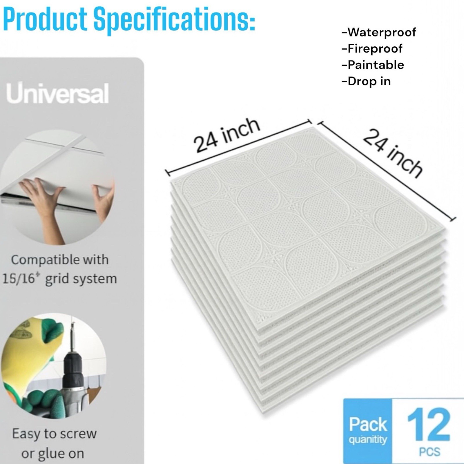 12Pack 2×2 Ft White Drop-In PVC Ceiling Tiles – Waterproof, Acoustic, Fireproof