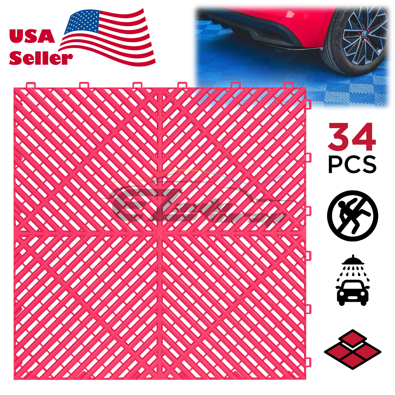 34pcs 16″x16″ Pink Garage Floor Mat Perforated Flooring Tile Shop Interlocking