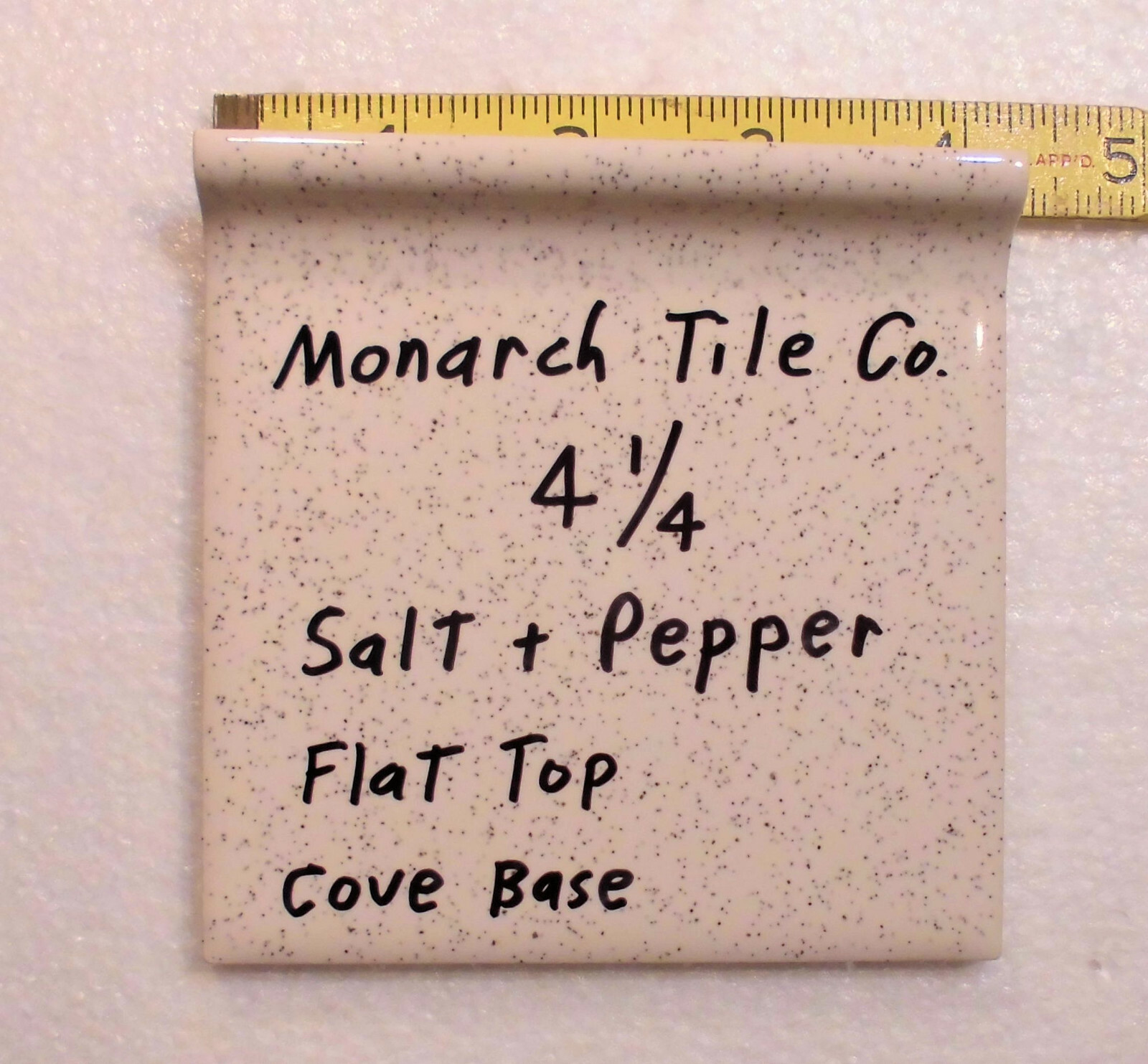 1 pc. Cove-Base Ceramic Tile *Salt & Pepper* 4-1/4″ Monarch Co. Flat top, Glossy