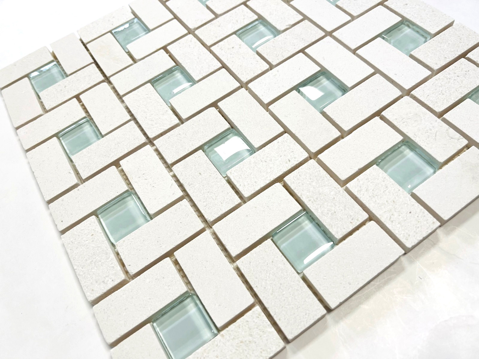 1X2 Pinwheel Vanilla Limestone with Ocean Blue Shiny glass Mosaic Wall Tile