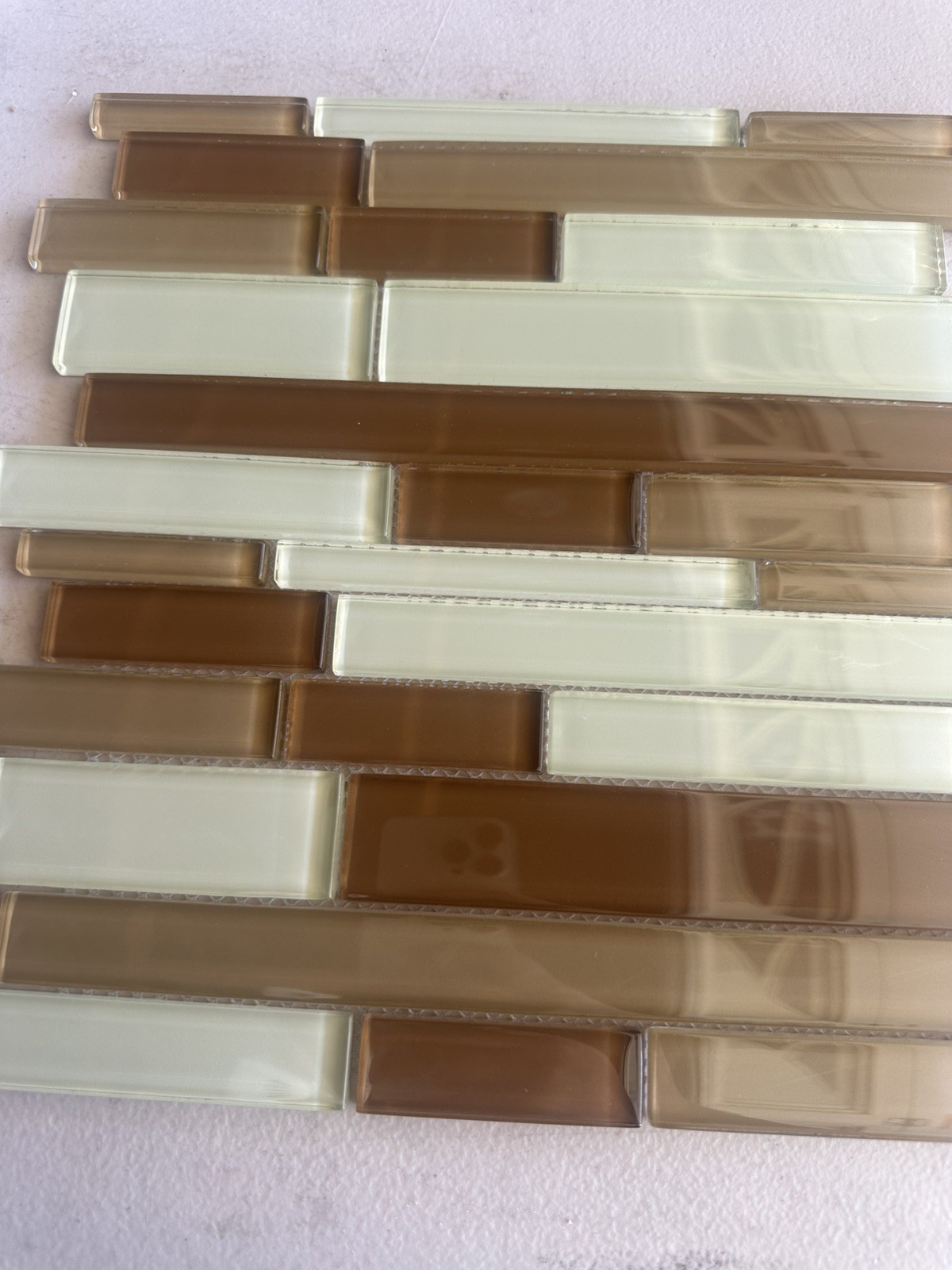 Light Beige Mix Glossy Glass Mosaic Staggered Mesh Mounted