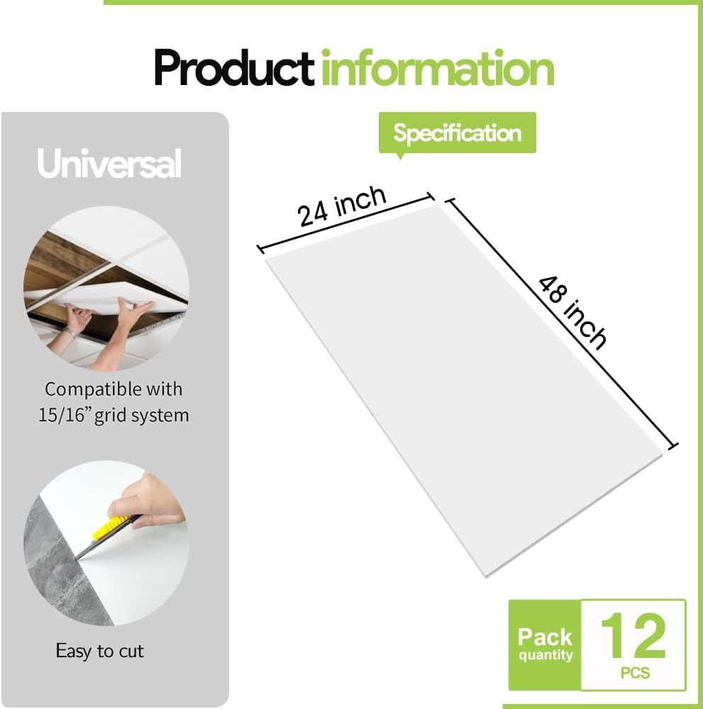 2′ x 4′ Smooth White PVC Ceiling Tiles – Waterproof, Fire-Rated, Pack of 10