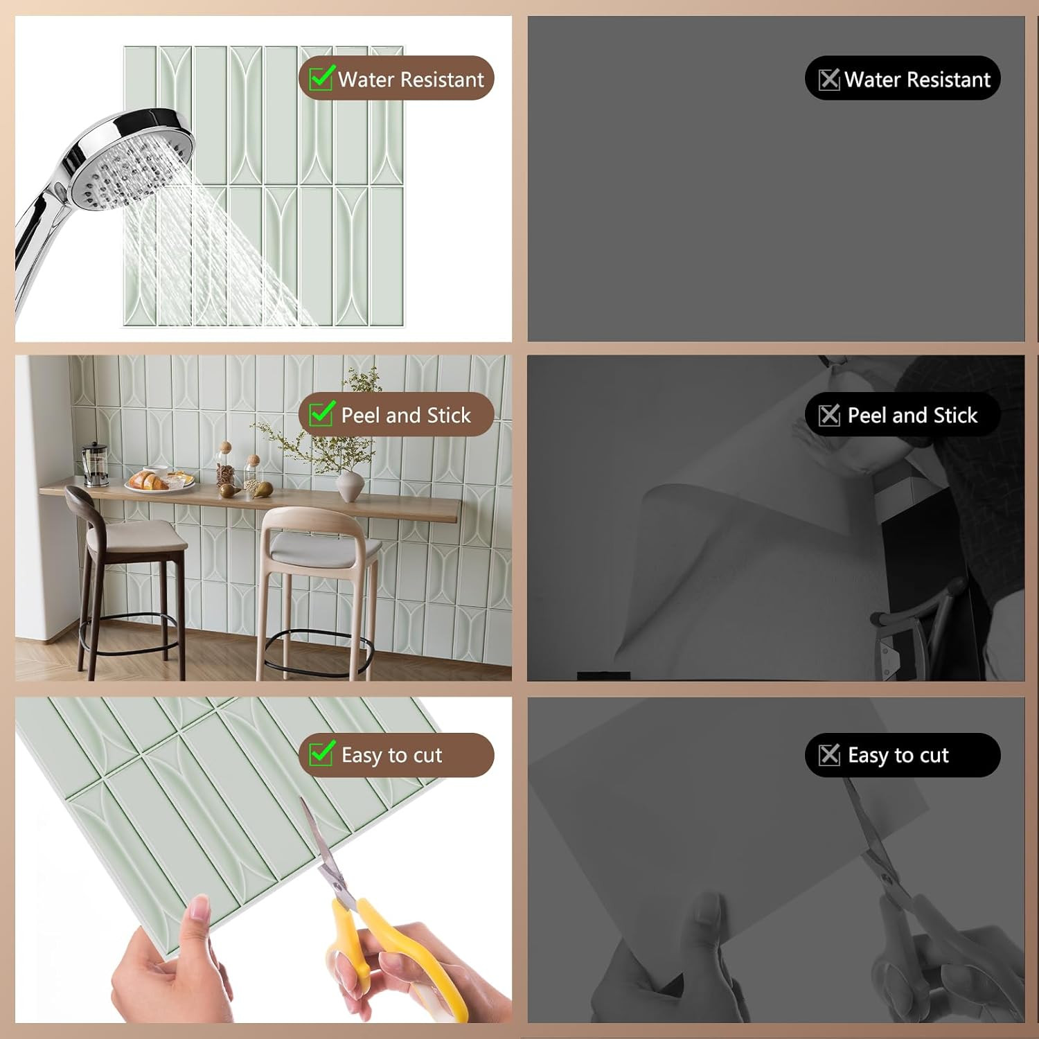 Self-Adhesive Light Green Peel and Stick Backsplash Tiles for Kitchen & Bath