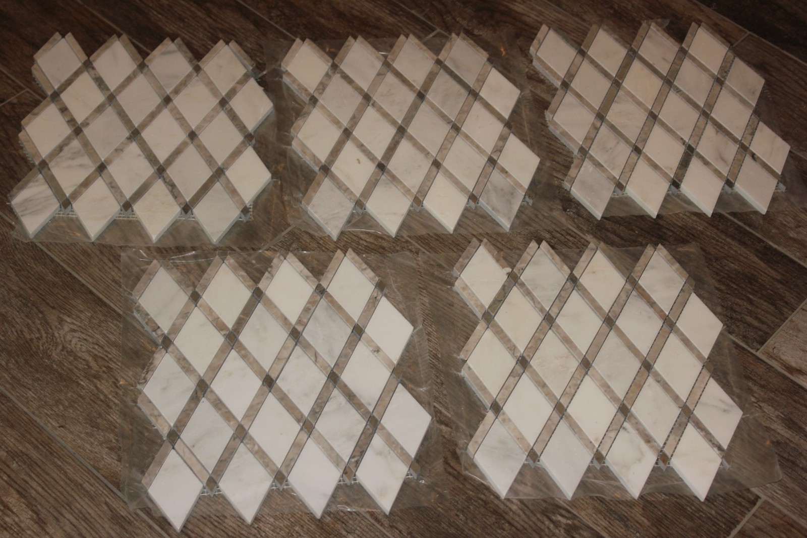10 SF Sheets Polished Marble Diamond Rhomboid Lattice Mosaics White Beige Taupe