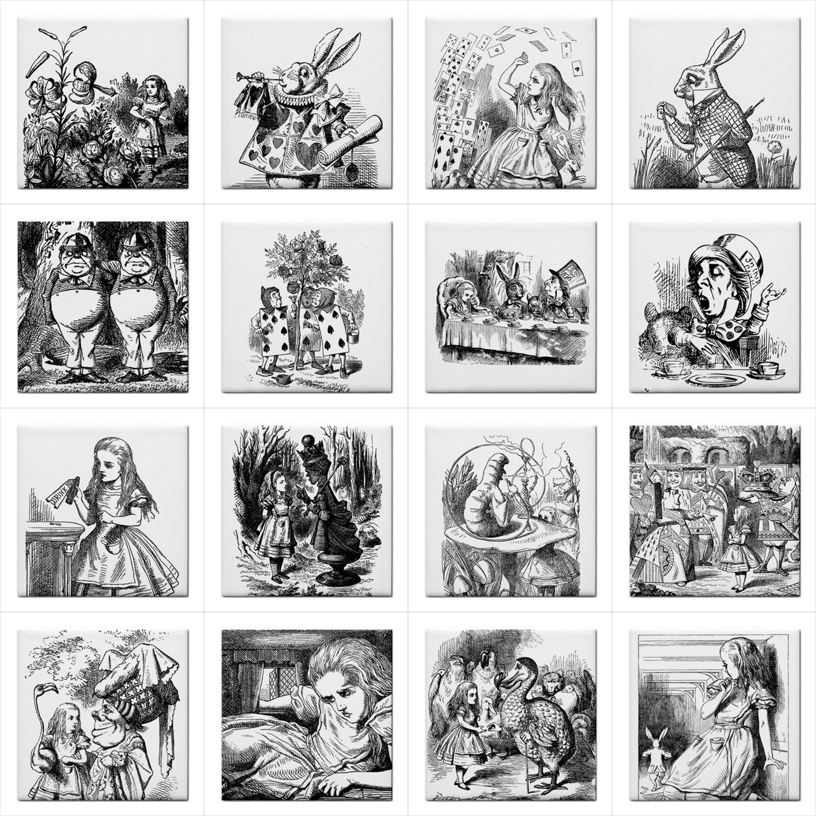 Alice In Wonderland Ceramic Tiles Black And White Backsplash 16 Tile Set
