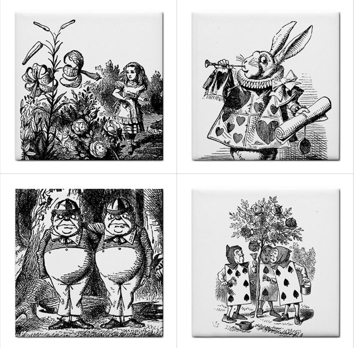 Alice In Wonderland Ceramic Tiles Black And White Backsplash 16 Tile Set