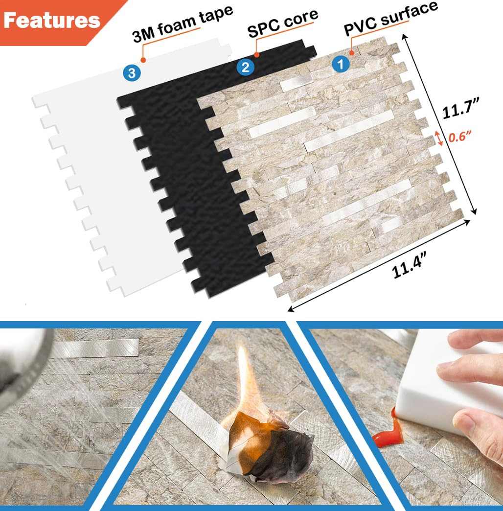 10-Sheet Peel and Stick Backsplash Wall Tile, PVC Kitchen Backsplash Peel and…