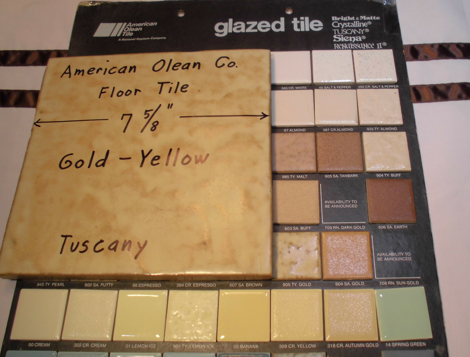 1 pc. *Gold-Yellow* Ceramic Floor Tile; American Olean 7-5/8″ X 1/2″ Thick