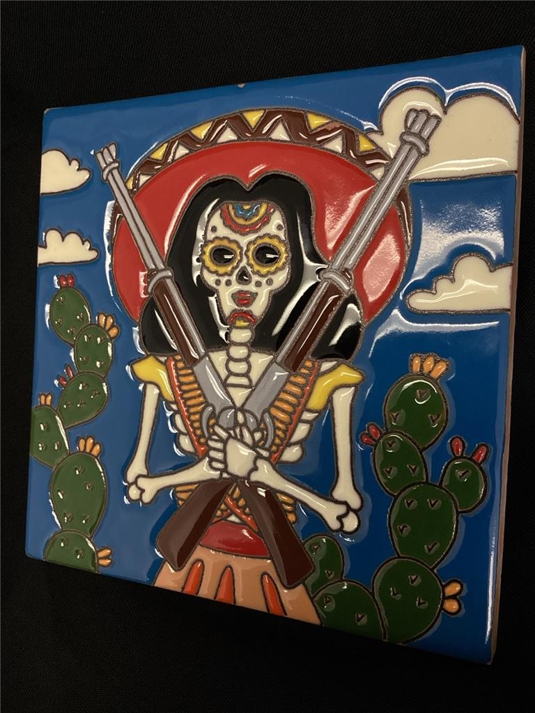 ++ Handmade Rifle Lady Day of The Dead Clay Tile 6×6